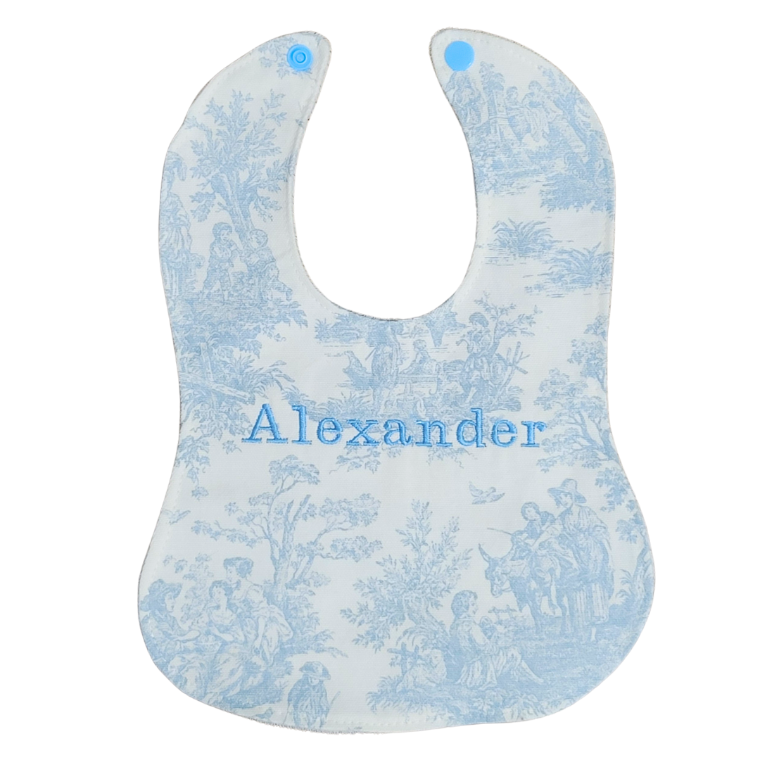 French Blue Toile Custom Embroidered Baby Bib