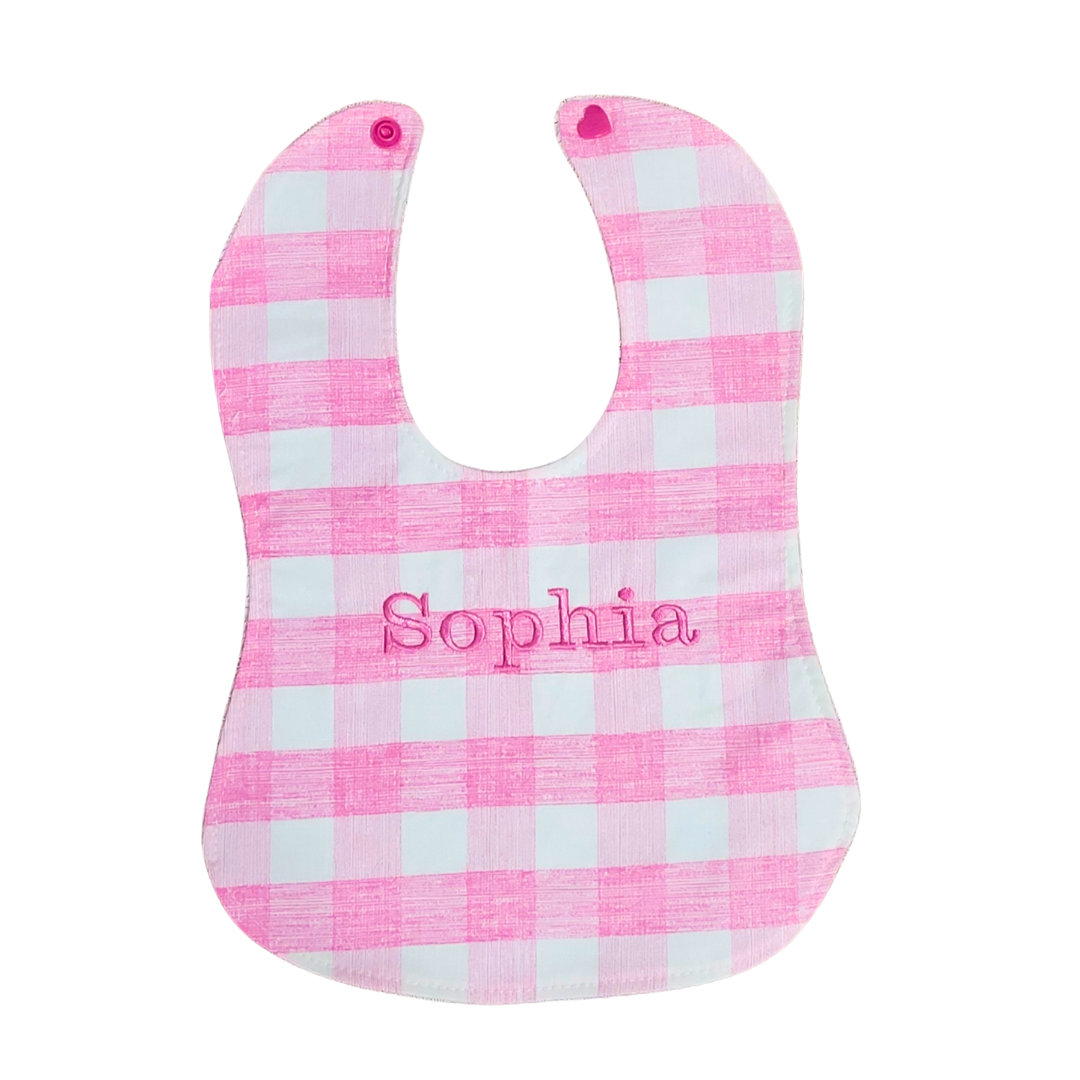 Bright Pink and White Checkered Custom Embroidered Baby Bib